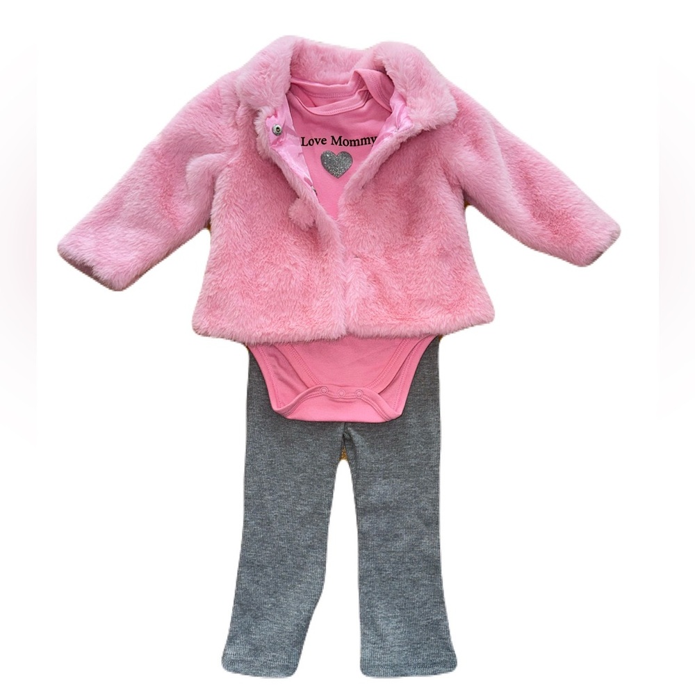 Pink Faux Fur Jacket, Pink onesie and Gray Pant Set, 18 Months